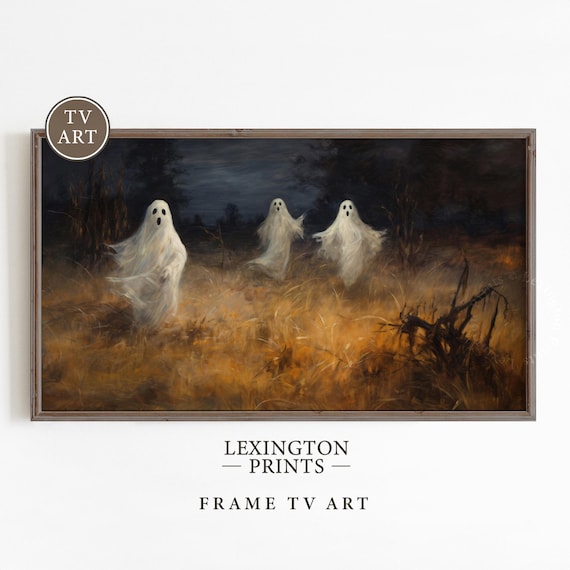 Three Dancing Ghosts in Golden Wheat Field Halloween Frame TV Art Print