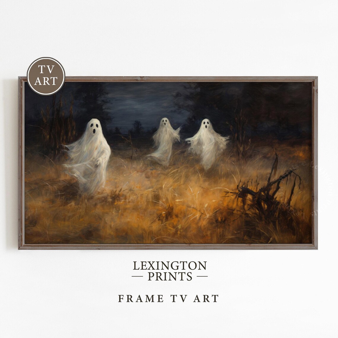 Three Dancing Ghosts in Golden Wheat Field Halloween Frame TV Art Print
