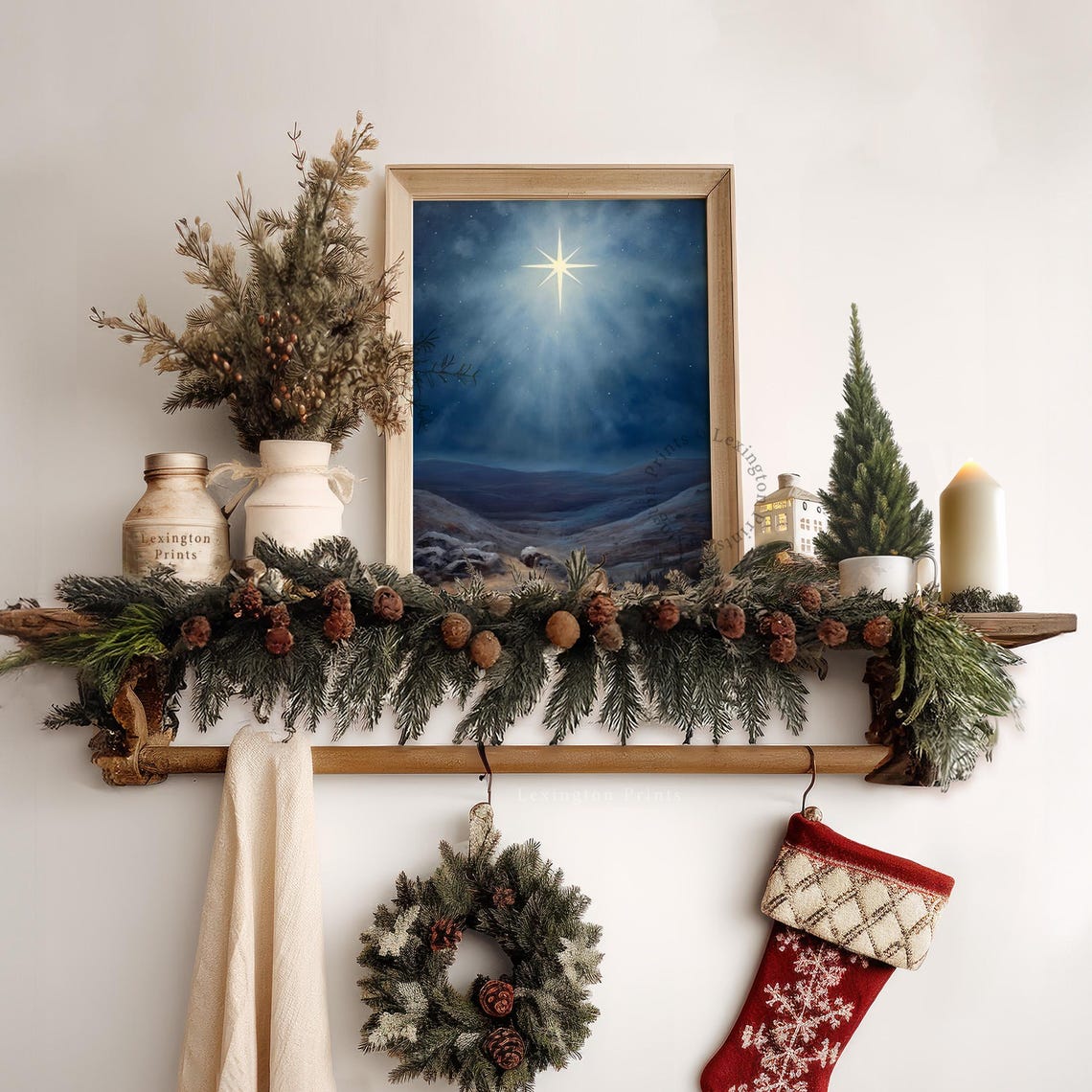 Bright Bethlehem Star Over Moonlit Rocky Hills Night Sky Print - Image 8