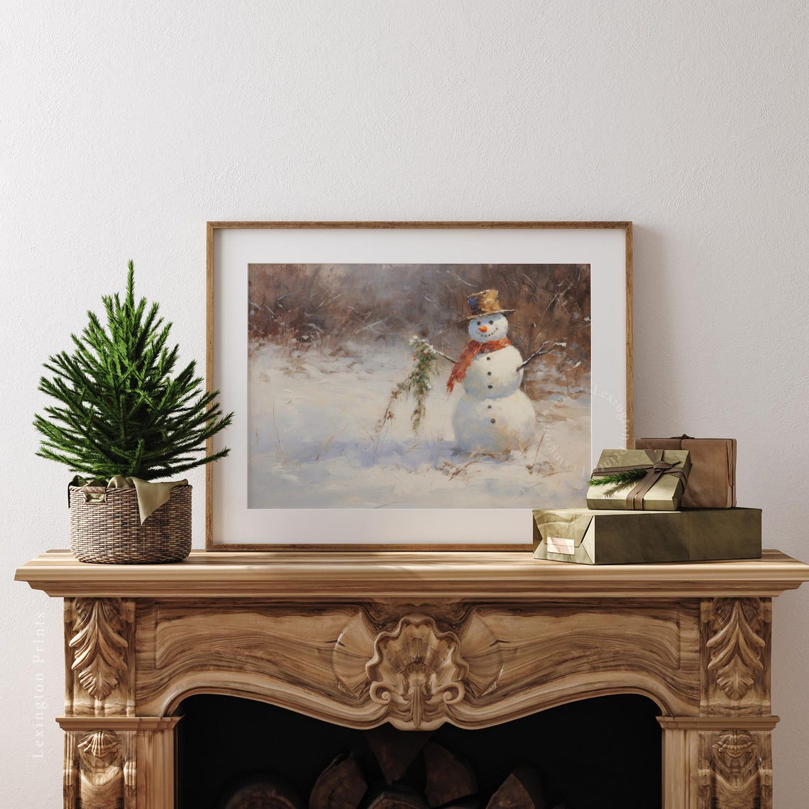 Snowman With Top Hat Red Scarf Winter Scene Christmas Art Poster - Image 3