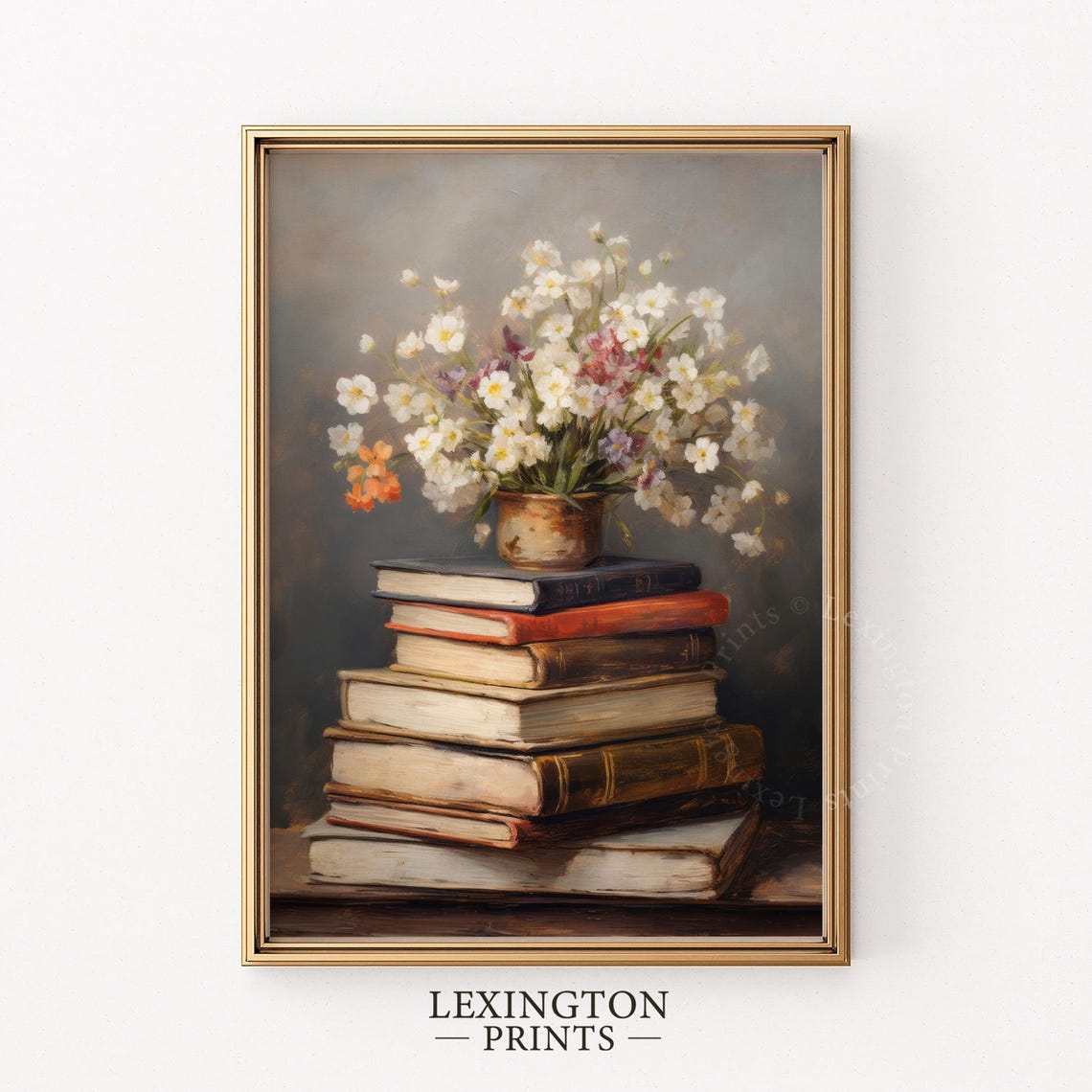 White Wildflower Bouquet in Brass Pot on Books Still Life Art Print - Image 6