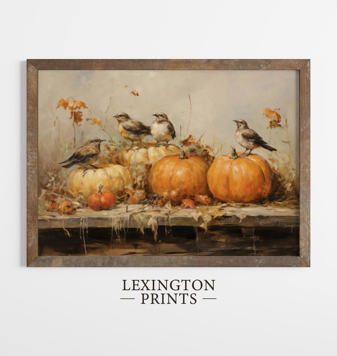 Birds Perched on Pumpkins on Wooden Table Autumn Bird Poster