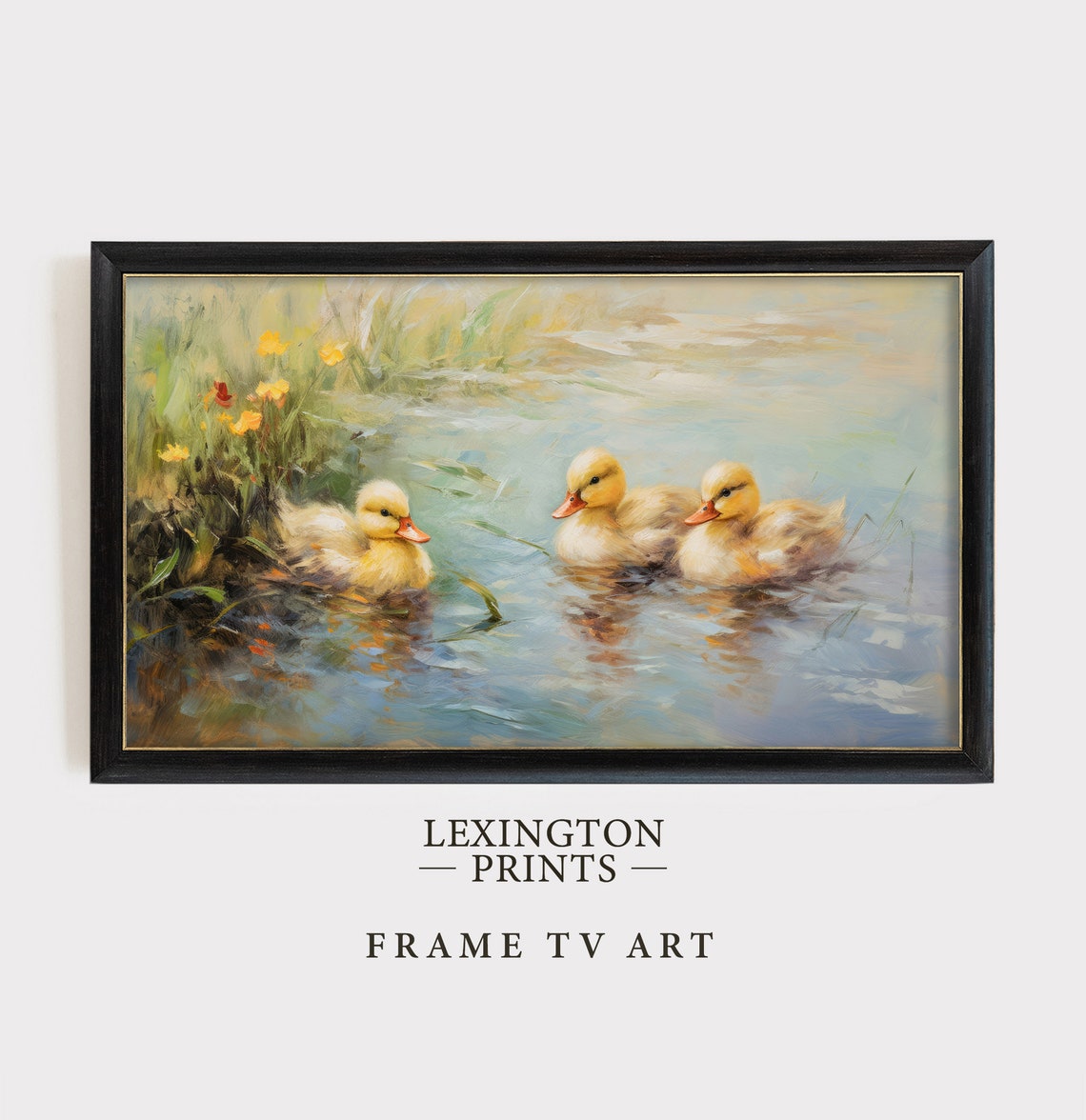 Three Ducklings Swimming in a Sunlit Pond Spring Painting Poster - Image 4