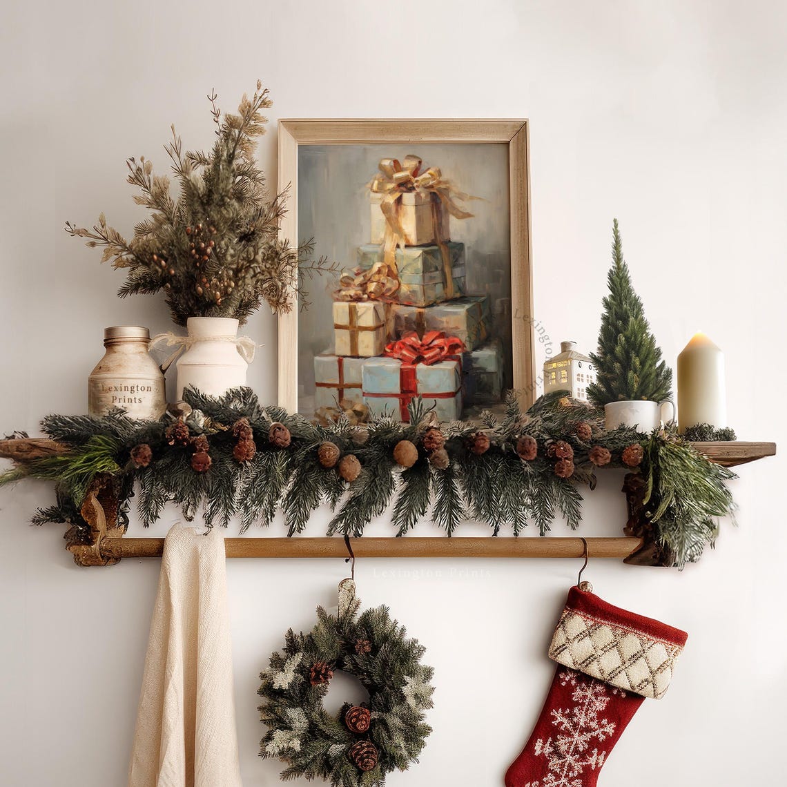 Stack of Elegant Wrapped Gifts Gold Red Ribbons Neutral Holiday Poster - Image 6