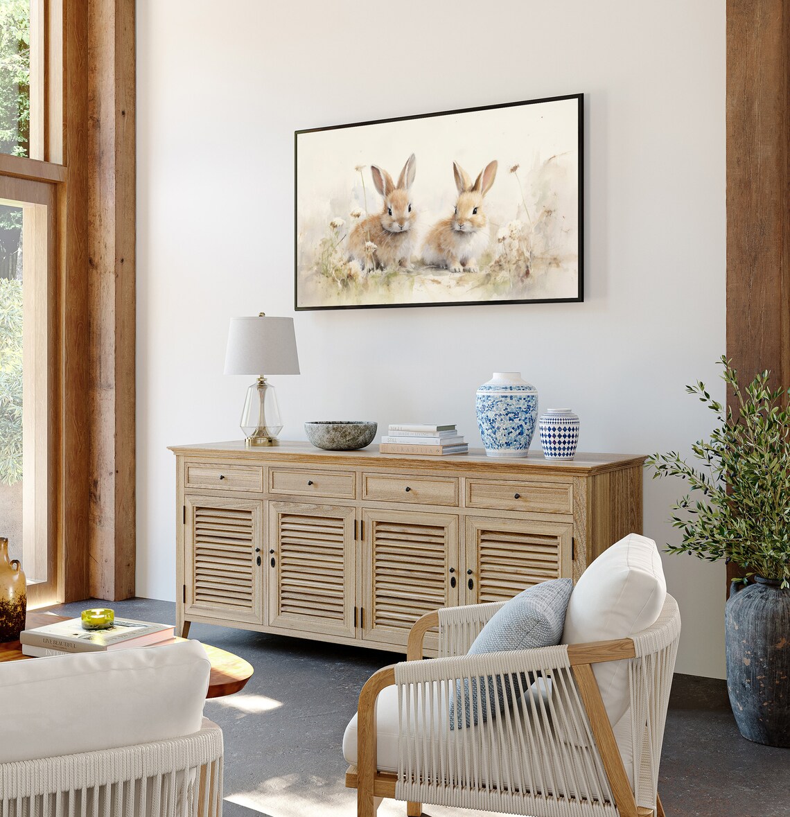 Baby Bunnies Pair Soft Watercolor Cream Background Easter Frame TV Art Poster - Image 2
