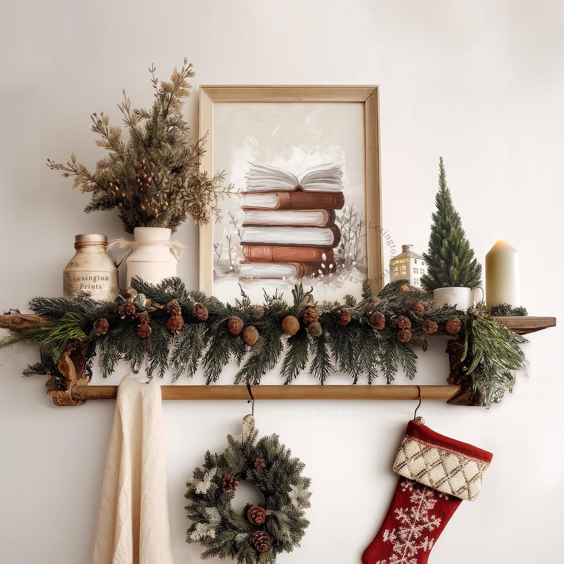 Stack of Books with Open Book Neutral Winter Reading Room Wall Art - Image 4