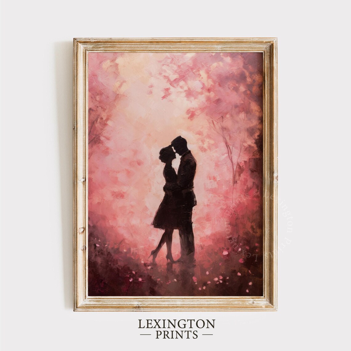 Romantic Couple Silhouette Kiss Pink Blossom Oil Painting Love Poster - Image 6