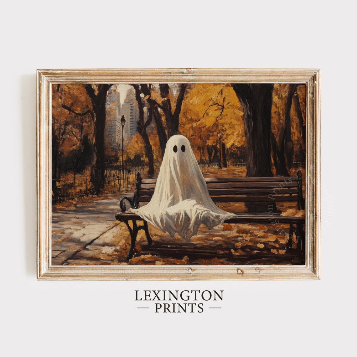 Cute Sheet Ghost on Park Bench Autumn Halloween Scene Poster