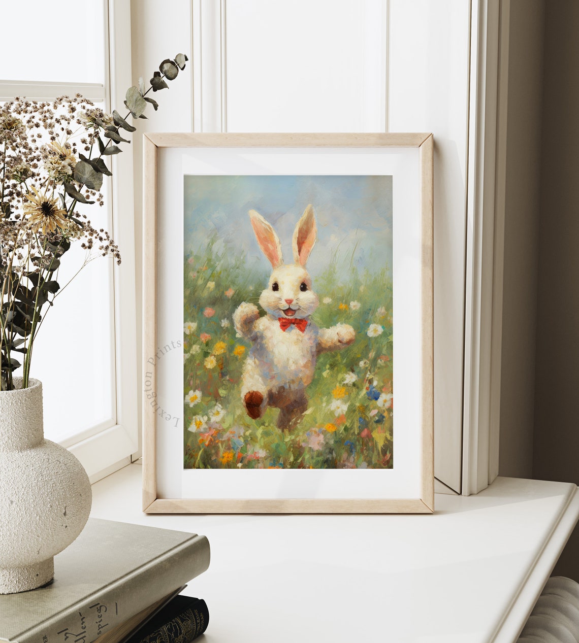 Cute Easter Bunny Red Bow Tie Wildflower Meadow Spring Nursery Poster - Image 8