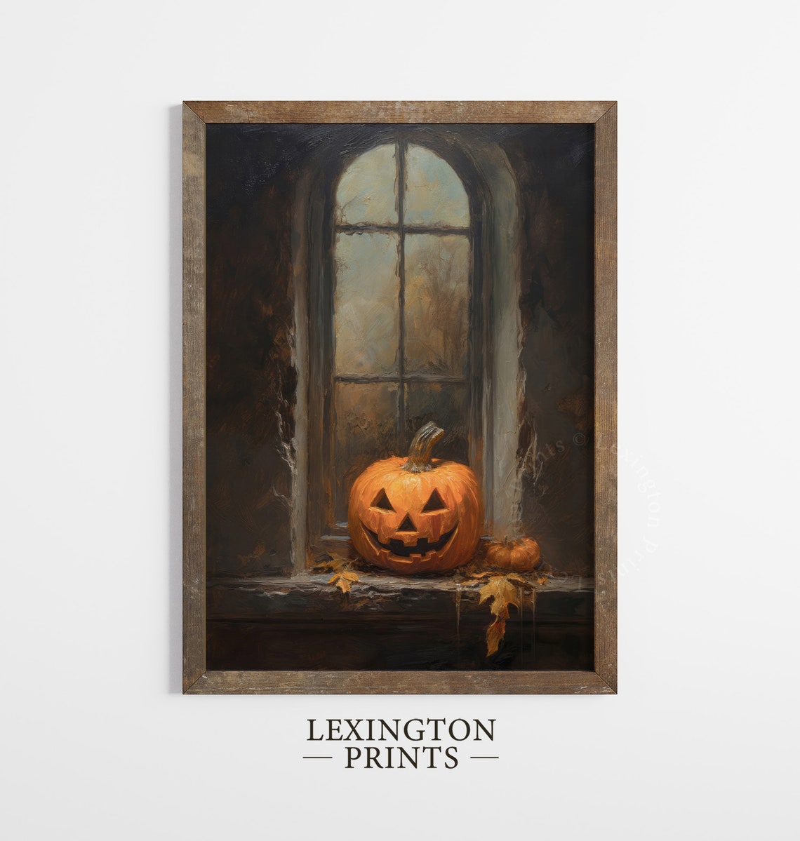 Jack-o-Lantern on Dark Arched Window Sill Moody Oil Painting Poster - Image 8