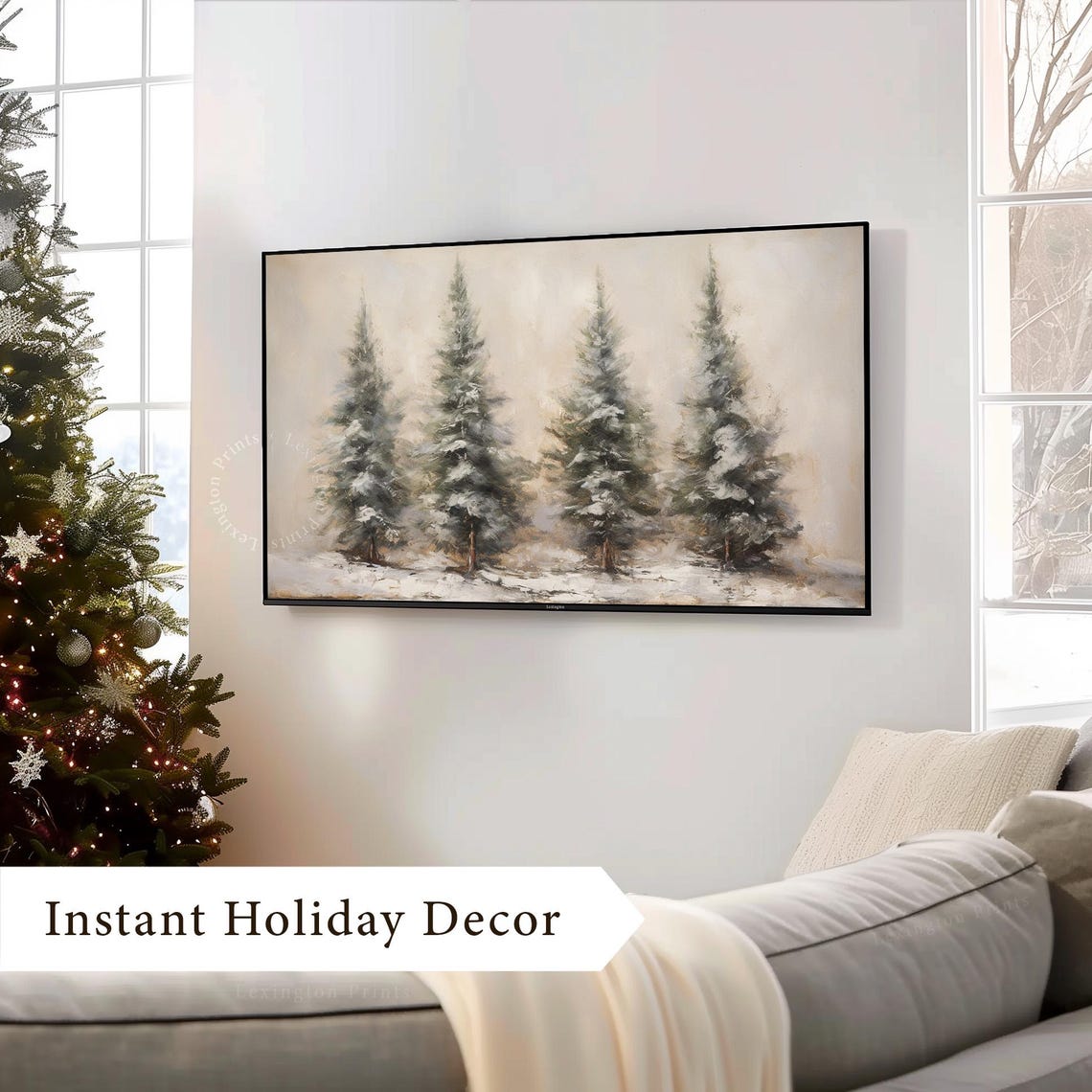 Four Snowy Pine Trees Neutral Winter Oil Painting Scene Poster - Image 3