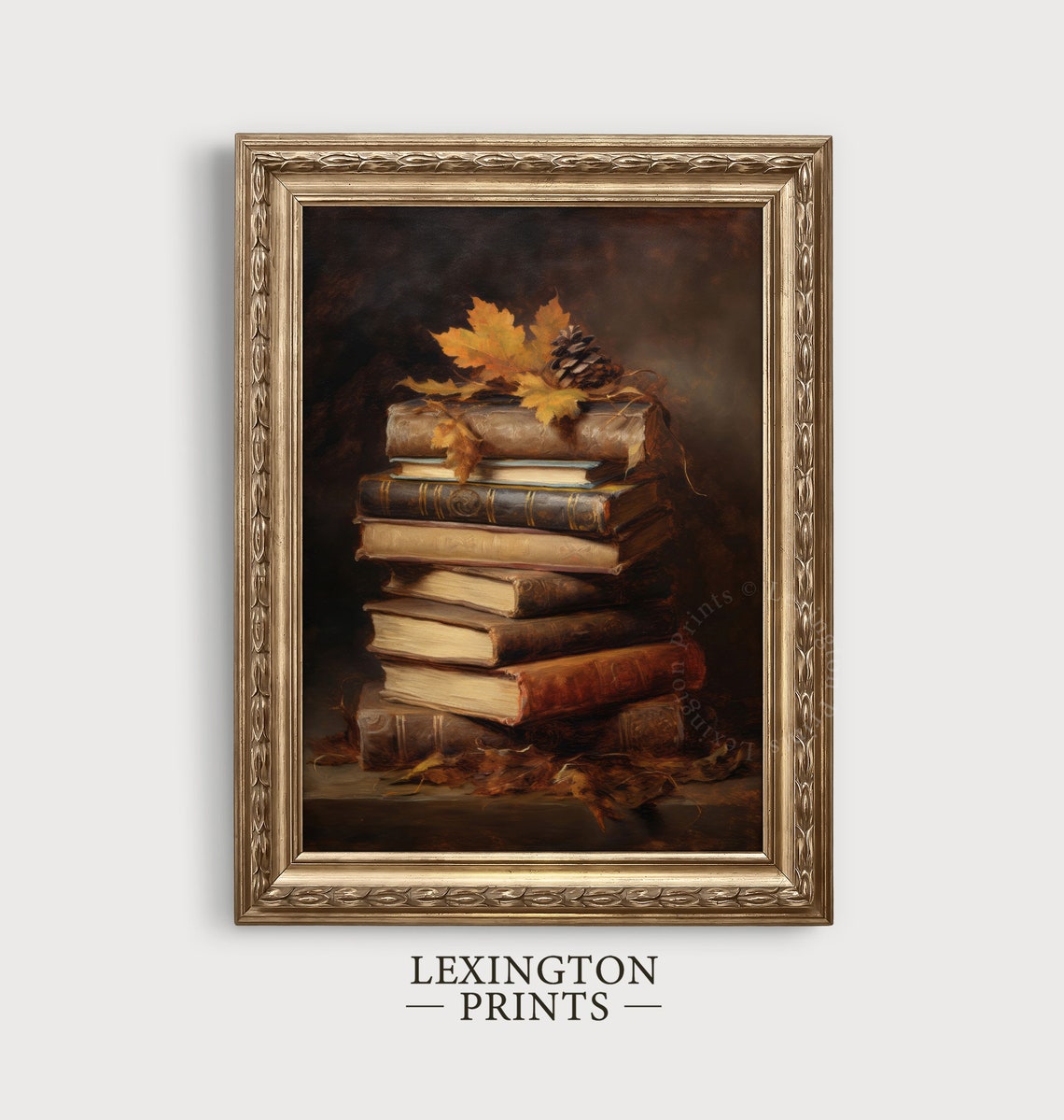 Stack of Old Books with Autumn Leaves Dark Still Life Poster - Image 2