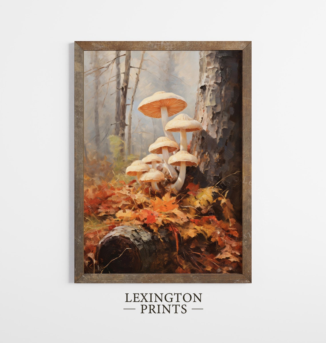 White Mushrooms by a Tree Trunk Autumn Leaves Woodland Poster - Image 8
