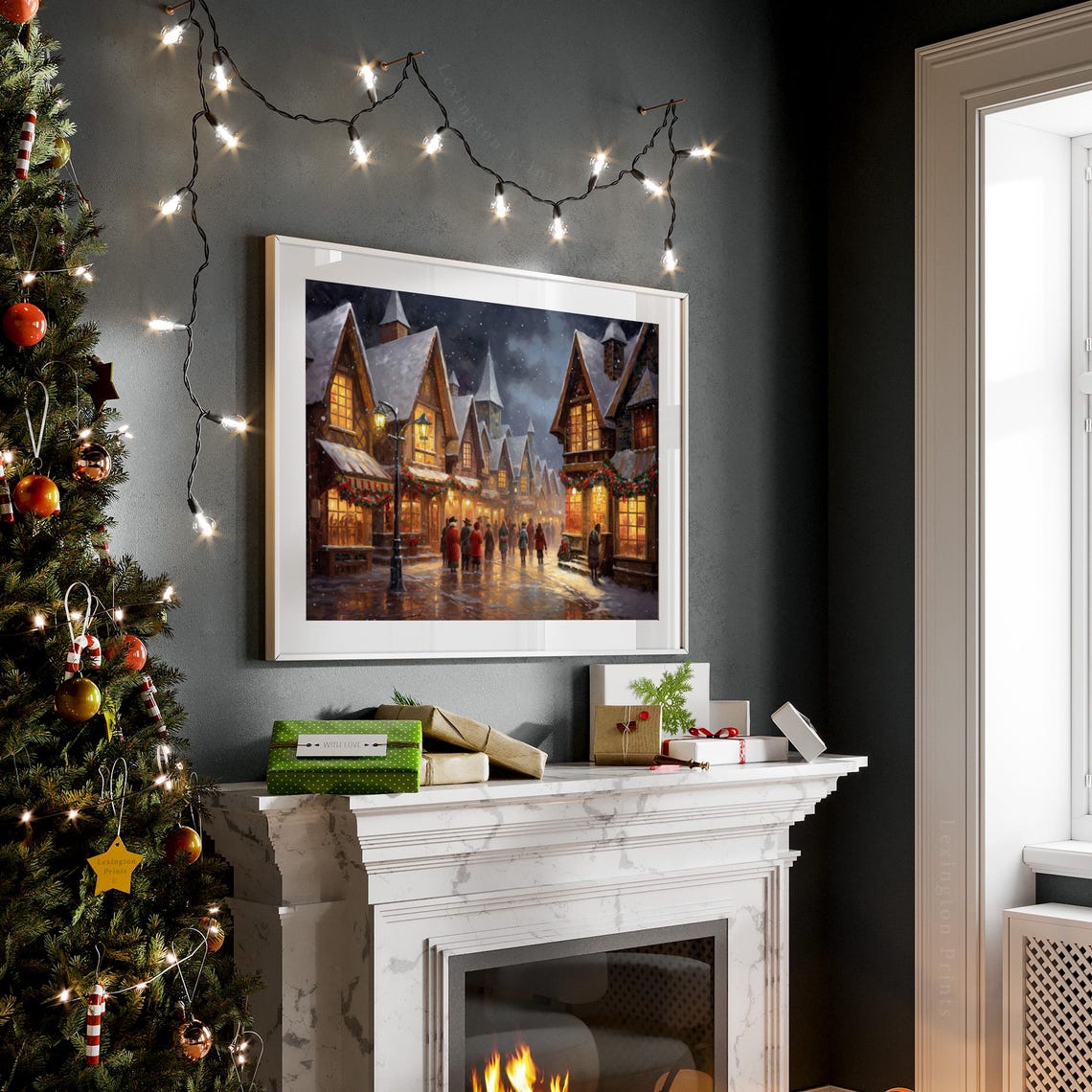 Vintage Christmas Wall Art Town City Art Landscape Painting Christmas Village Art Christmas Decor Winter Art Cottagecore Moody Wall Art 192