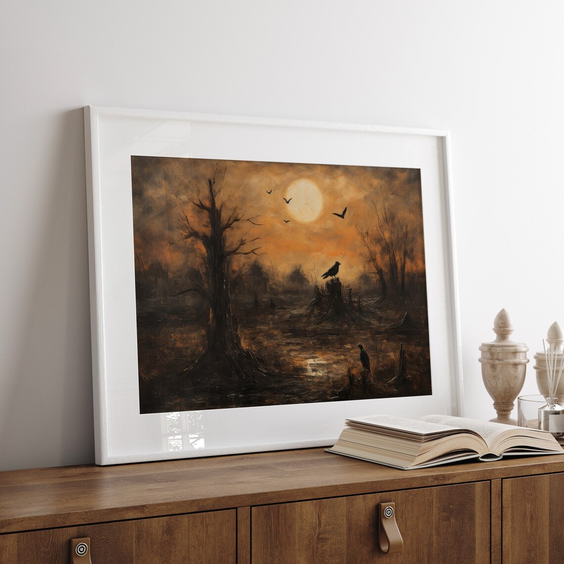 Raven On Tree Stump Full Moon Autumn Marsh Bats Gothic Halloween Poster - Image 5