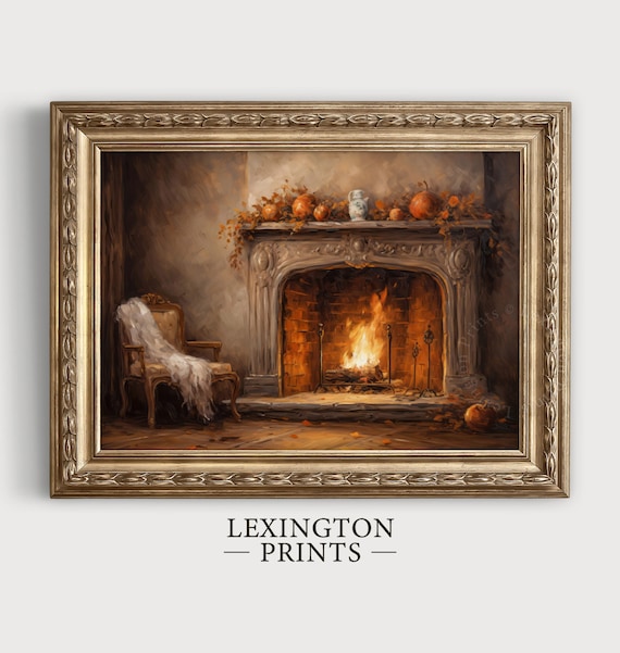 Fireplace with Burning Fire Fall Mantel Vintage Oil Painting Poster