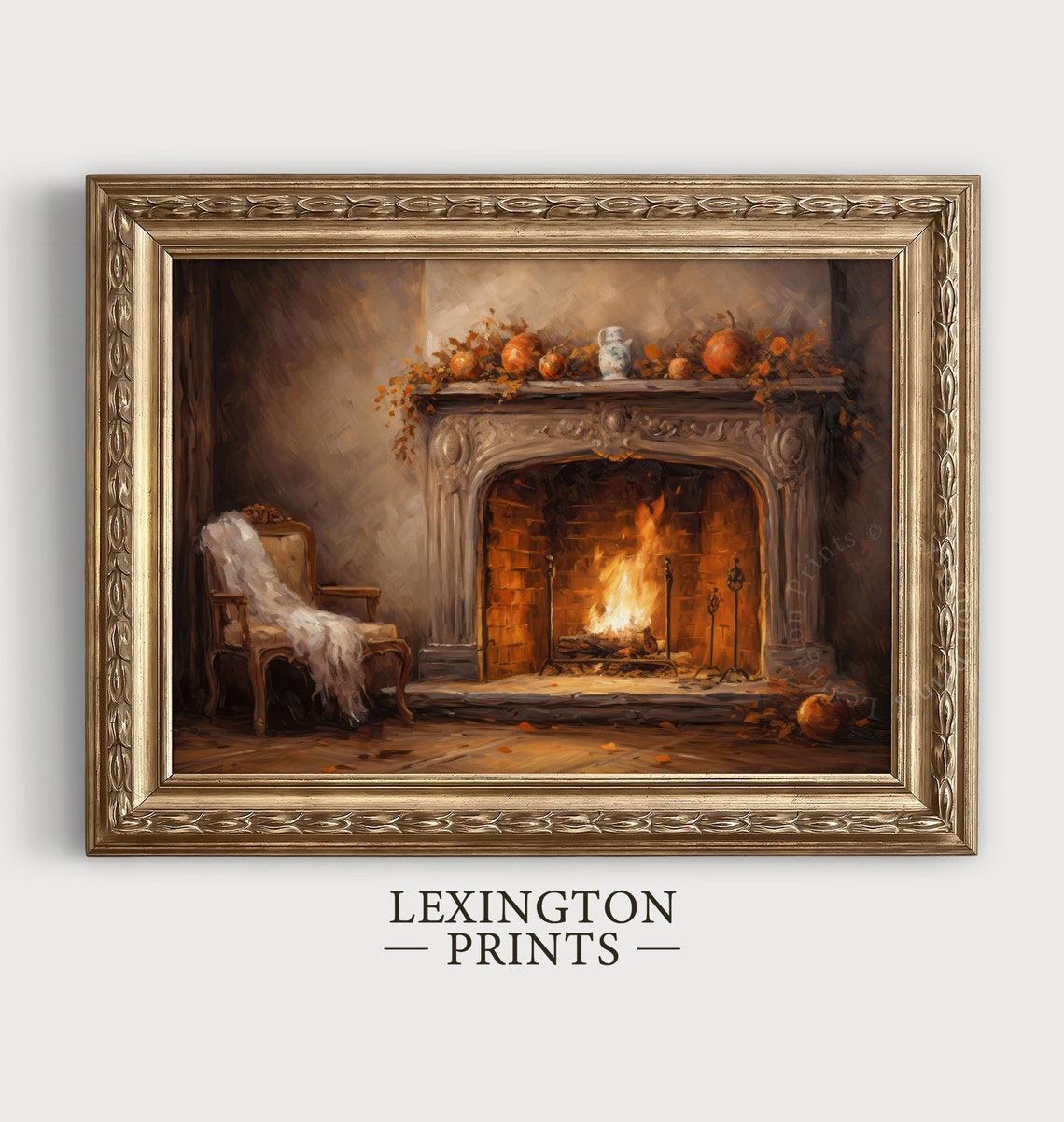 Fireplace with Burning Fire Fall Mantel Vintage Oil Painting Poster