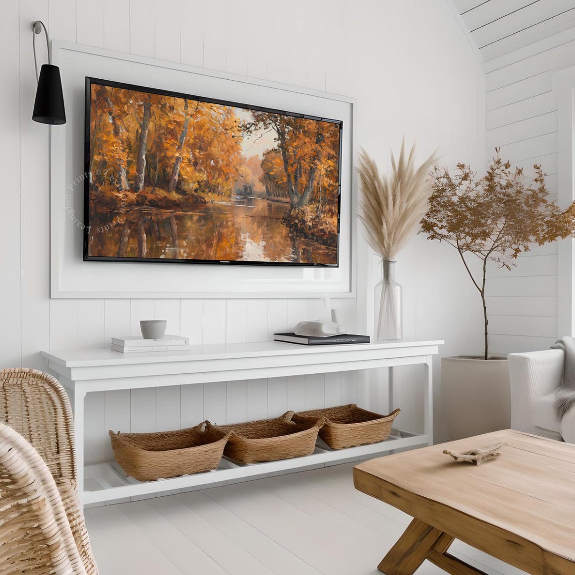Golden Fall River Landscape with Autumn Trees Frame TV Art Print - Image 4