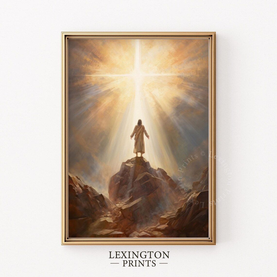 Jesus Christ Standing On Mountain Radiant Cross Golden Sky Christian Poster - Image 3