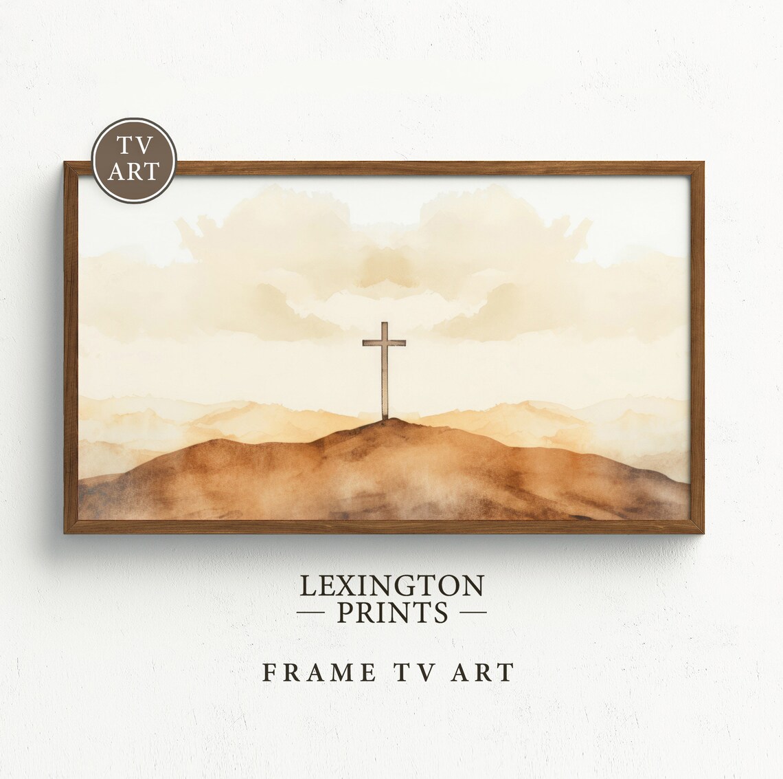 Wooden Cross on Hilltop with Clouds Watercolor Christian Wall Art