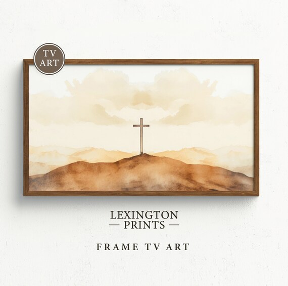 Wooden Cross on Hilltop with Clouds Watercolor Christian Wall Art