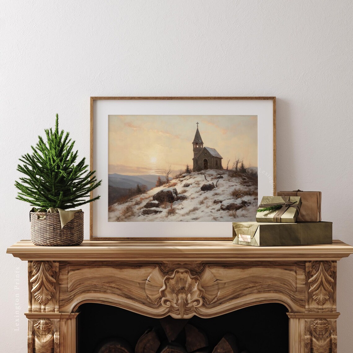 Stone Church on Snowy Hill Winter Sunset Landscape Painting Poster - Image 3