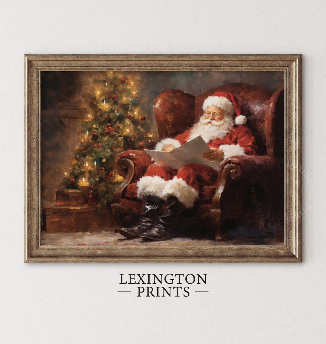 Santa Claus Reading Letter Armchair Christmas Tree Painting Poster - Image 5