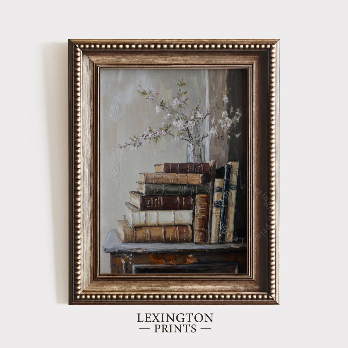 White Blossom Branches on Stack of Antique Books Vintage Art Print - Image 5
