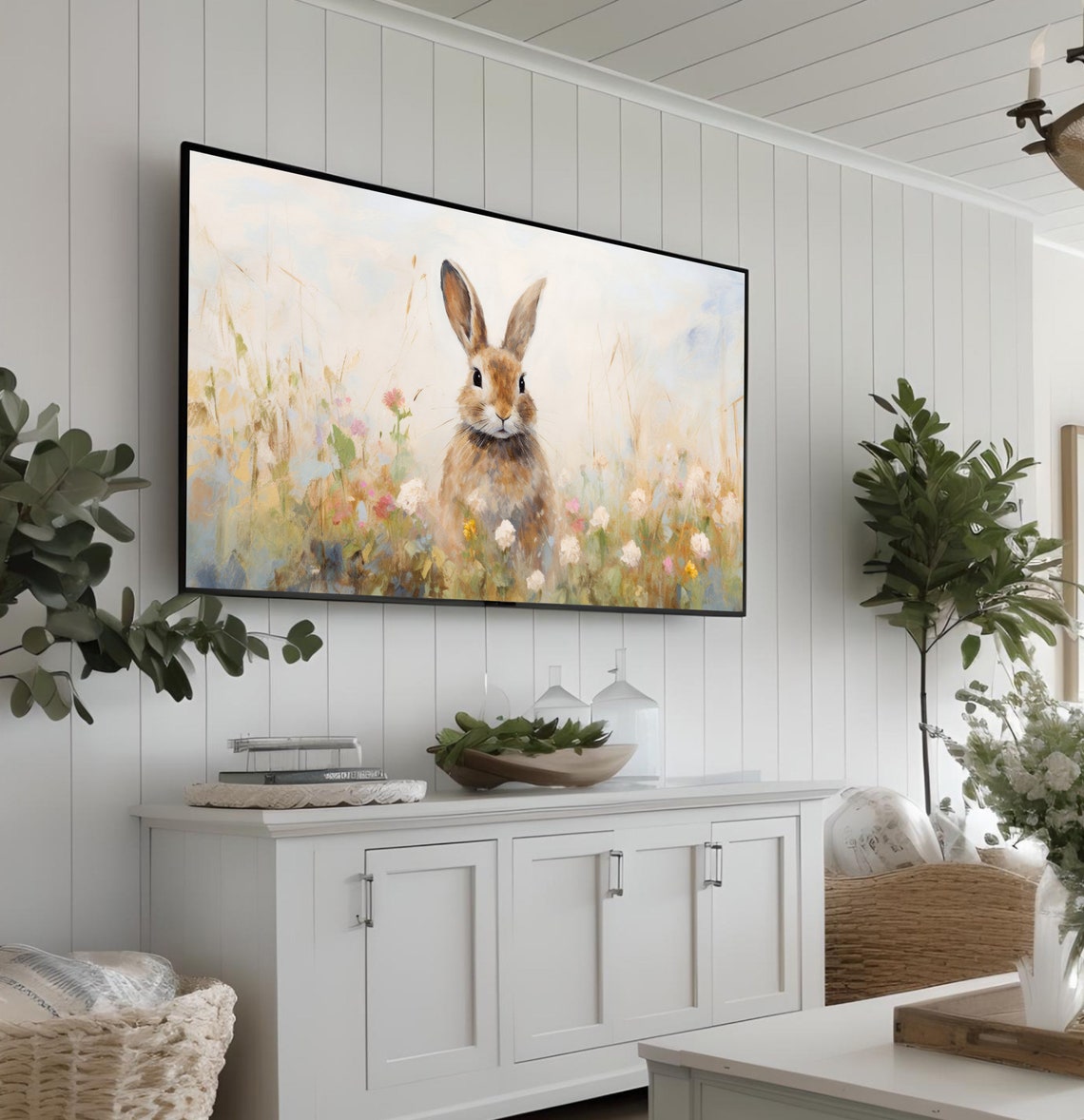 Bunny Rabbit in Pastel Flower Meadow Soft Spring Kids Decor Poster - Image 3