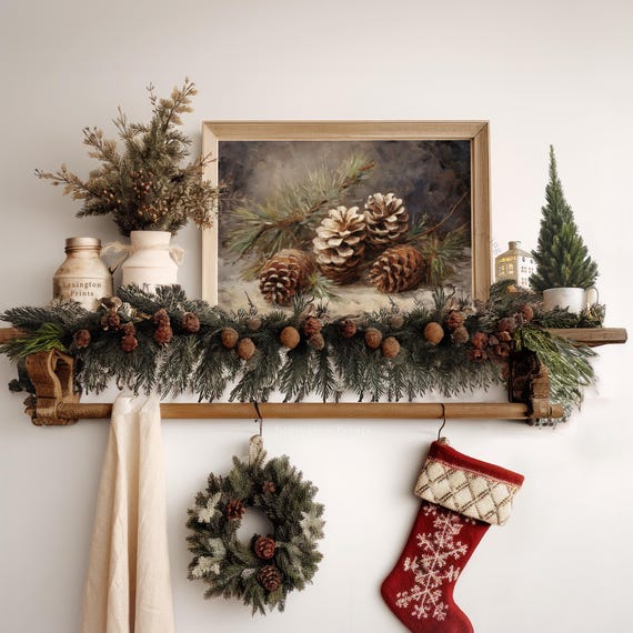 Vintage Christmas Pinecone Still Life Art Print
