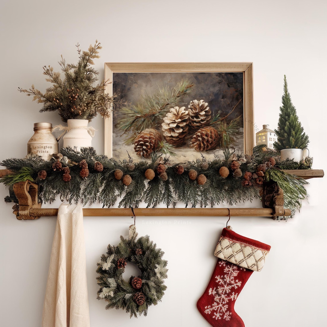 Vintage Christmas Pinecone Still Life Art Print