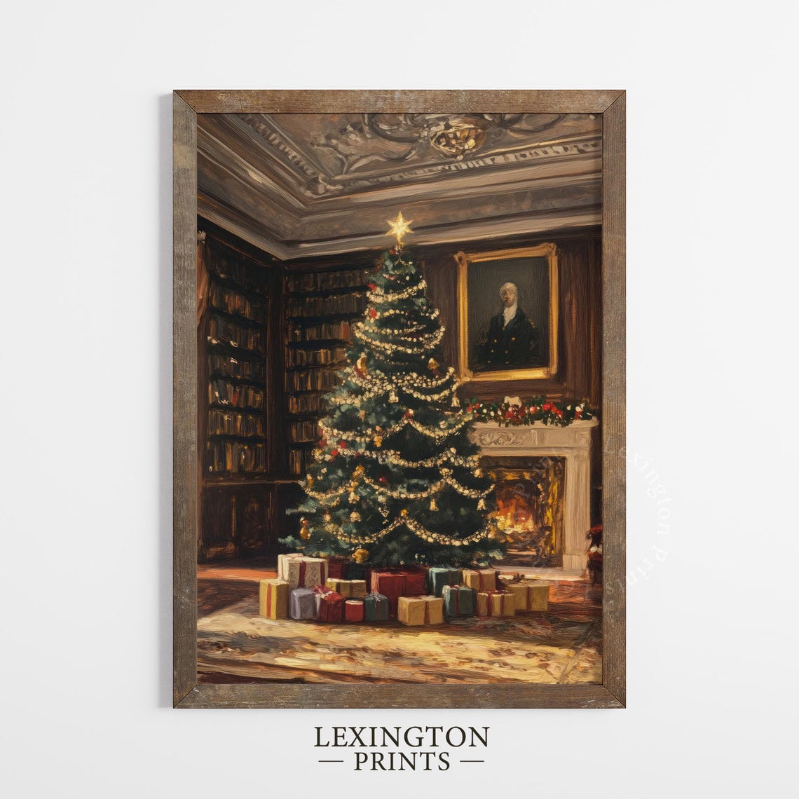 Dark Academia Christmas Tree Library Fireplace Oil Painting Poster - Image 4