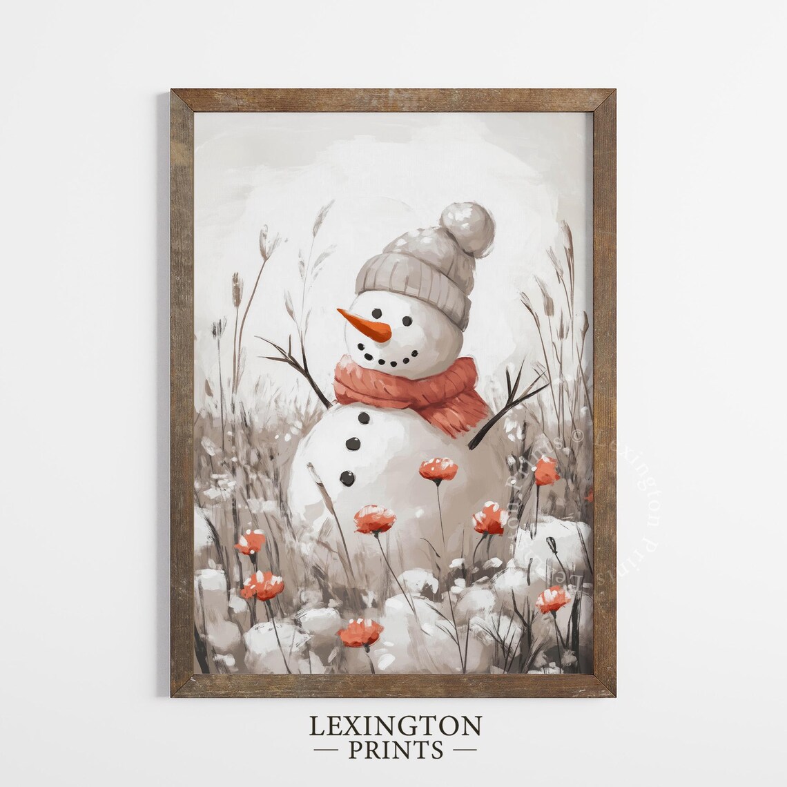 Neutral Snowman with Coral Scarf in Winter Field Christmas Wall Art - Image 6