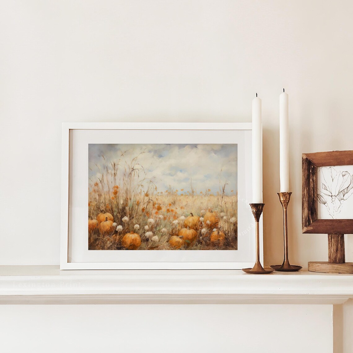 Pumpkin Patch in Autumn Field Tall Grass Harvest Season Landscape Poster - Image 3