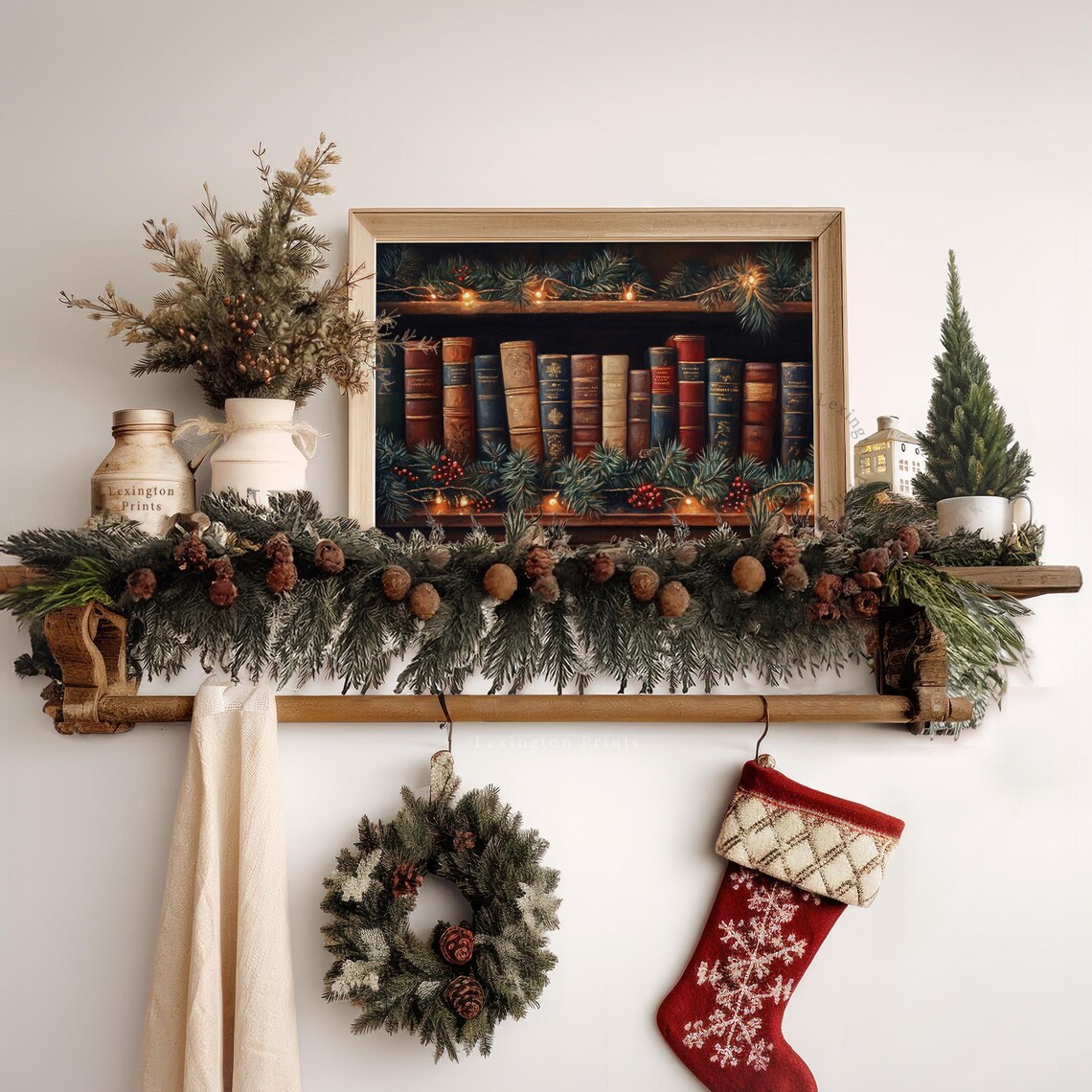 Vintage Books with Pine Garland Christmas Library Decor Poster - Image 7