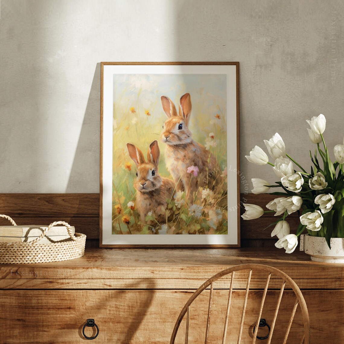 Two Bunnies in a Wildflower Meadow Vintage Spring Farmhouse Wall Art - Image 2