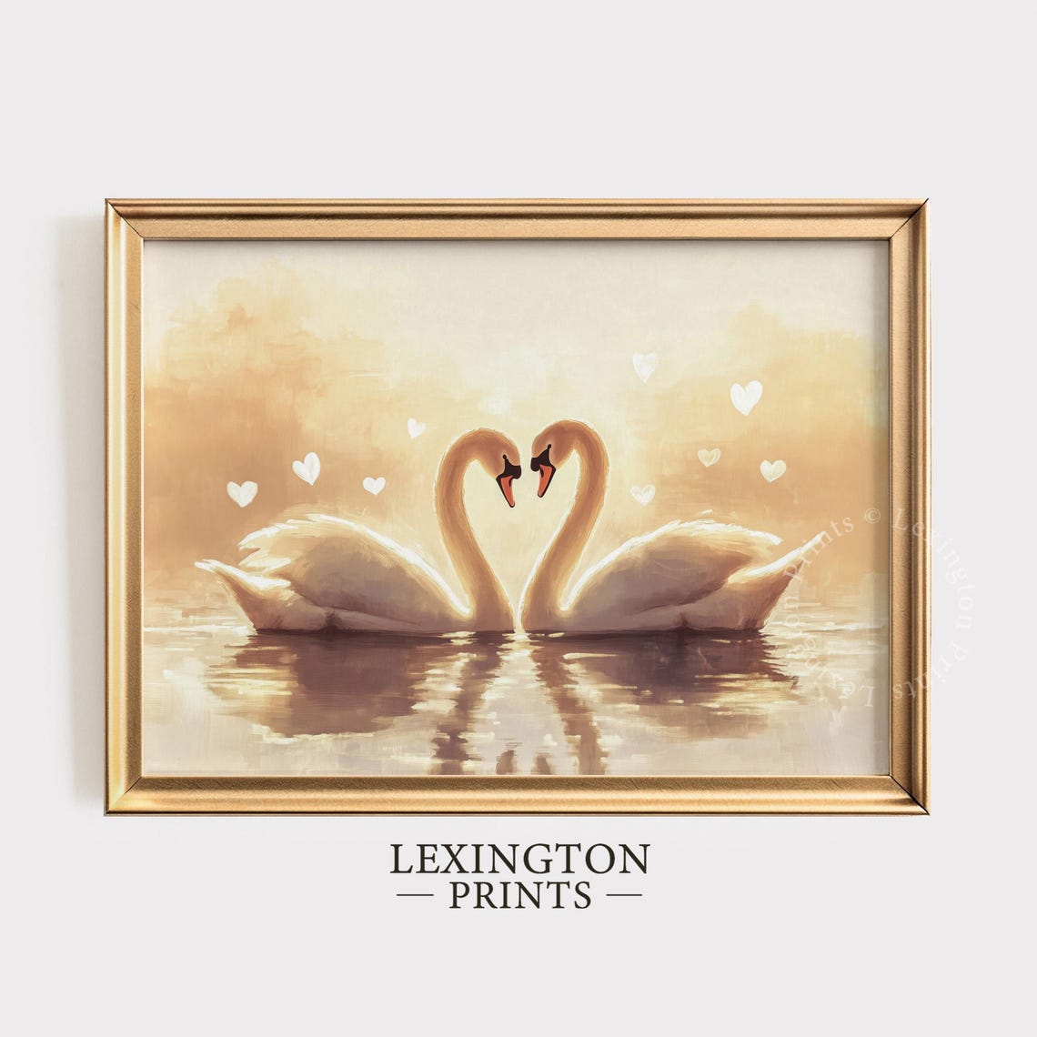 Swan Couple Heart Shape Golden Light Romantic Valentine Bedroom Print