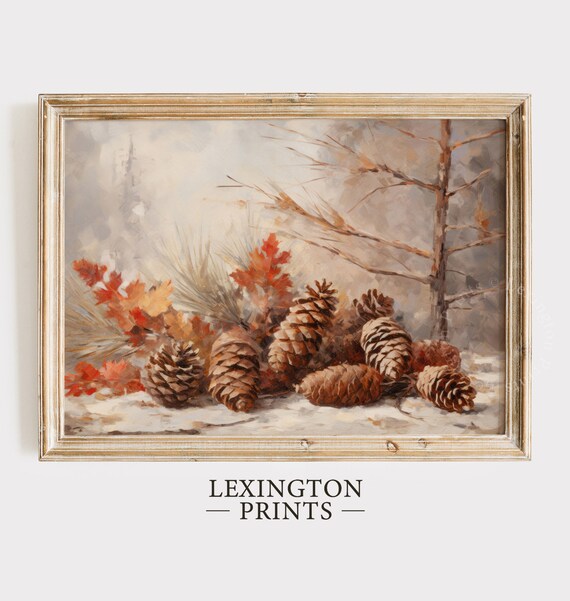 Pinecones and Autumn Leaves Woodland Still Life Oil Painting Poster
