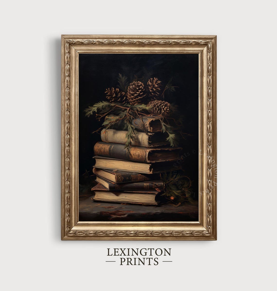 Antique Books Stack Pine Cones Dark Academia Still Life Poster - Image 7