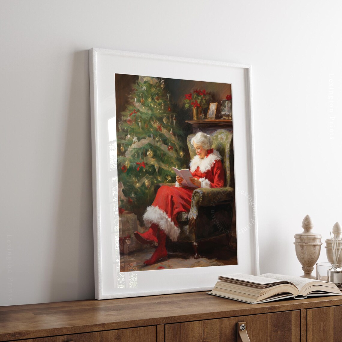 Vintage Christmas Wall Art Mrs Claus Reading Book Christmas Print Living Room Academia Santa Christmas Painting Winter Print 404 - Image 3