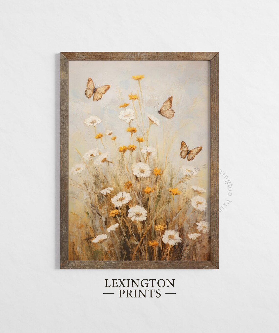 Butterflies Among White Daisies Wildflowers Soft Neutral Botanical Poster - Image 4