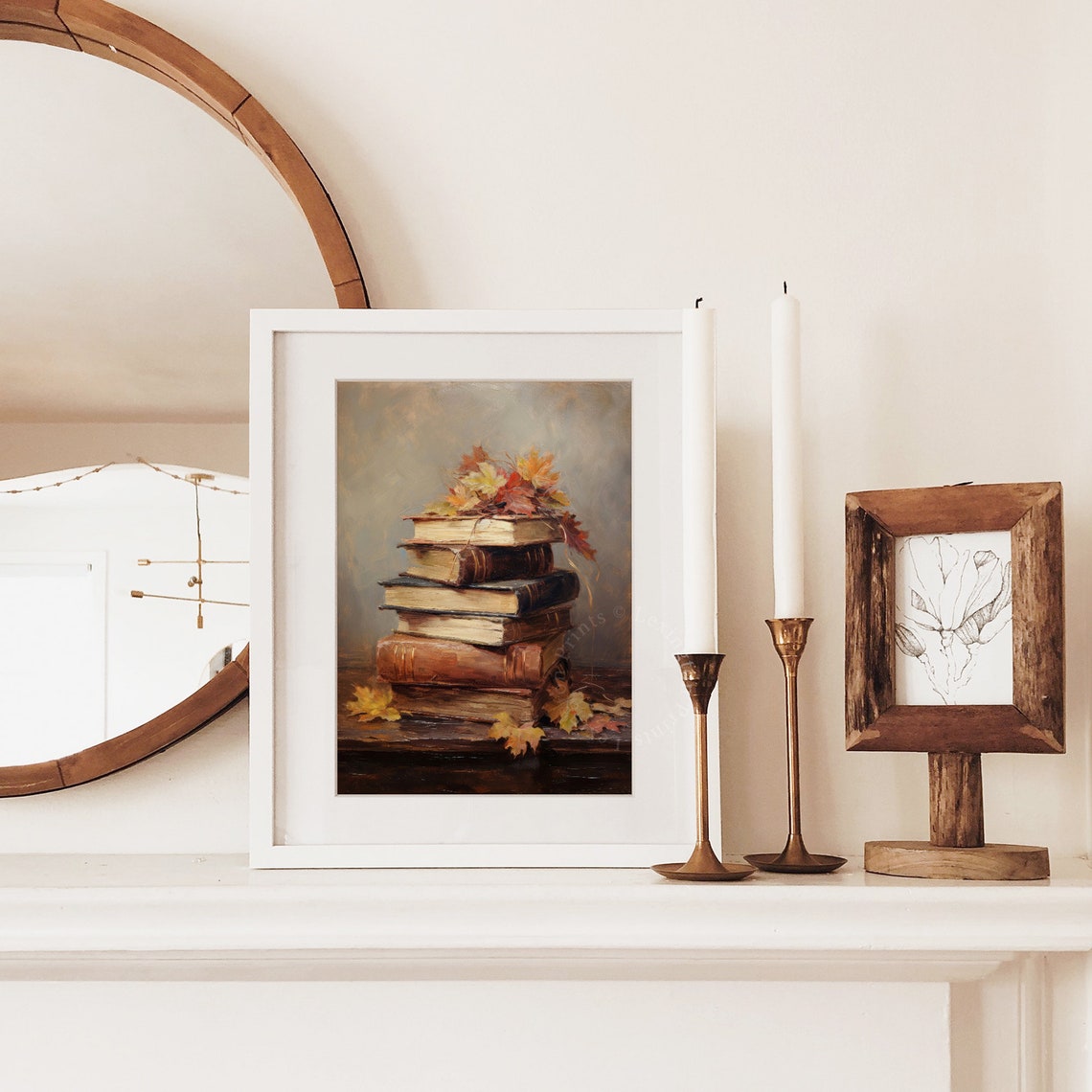 Stack of Old Books with Autumn Maple Leaves Vintage Still Life Poster - Image 2