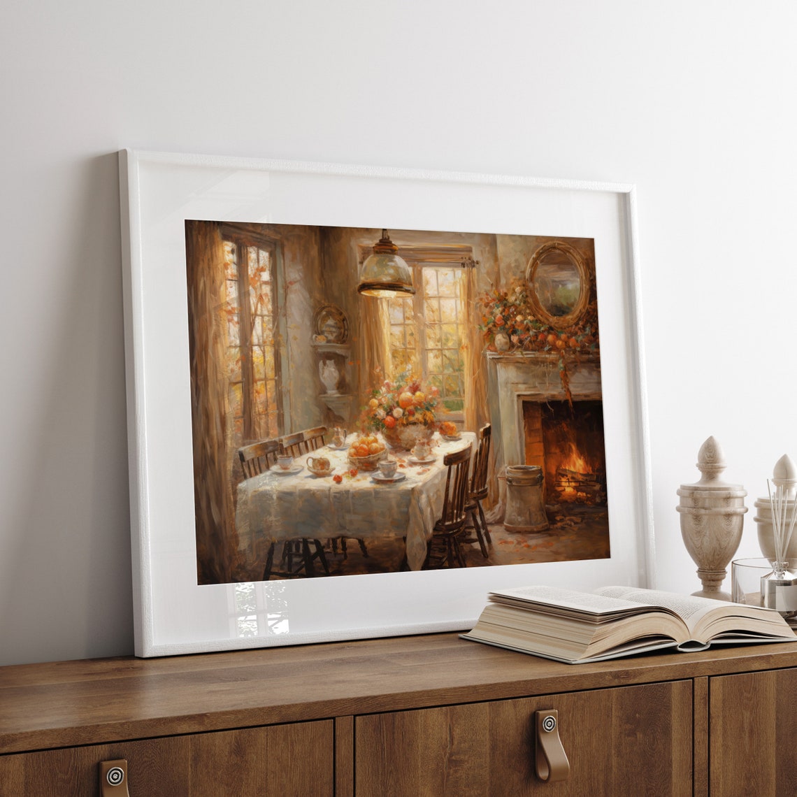 Cozy Autumn Dining Room with Fireplace Warm Fall Kitchen Wall Art - Image 3