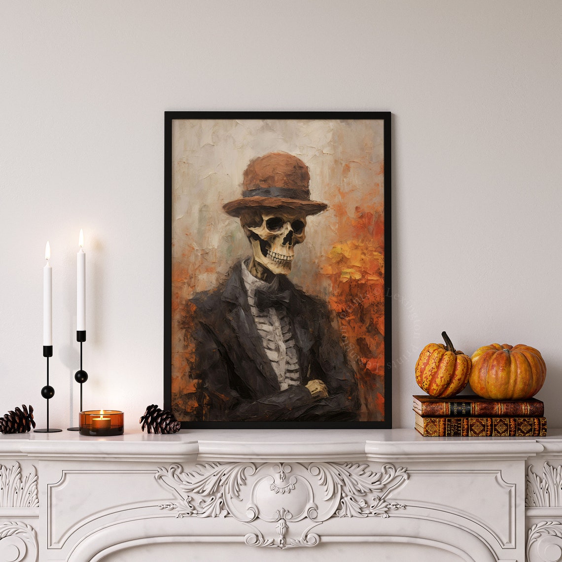Skeleton in Bowler Hat and Suit Vintage Portrait Halloween Wall Art - Image 4
