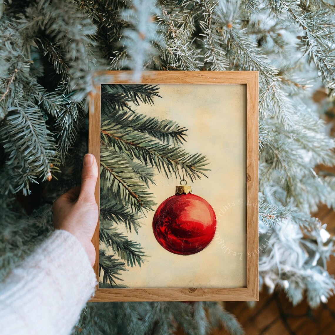 Single Red Christmas Ornament on Pine Branch Minimalist Vintage Poster - Image 8
