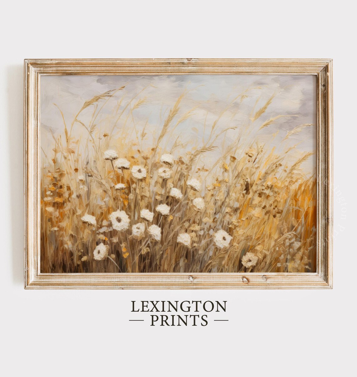 Golden Wheat Field White Wildflowers Impressionist Fall Meadow Painting Poster