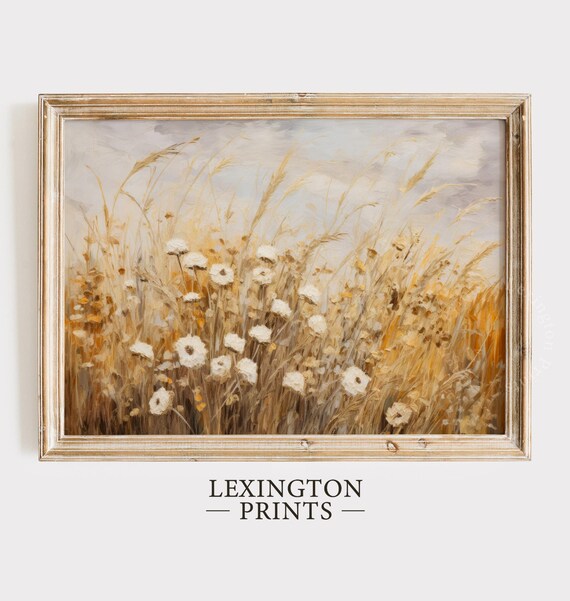 Golden Wheat Field White Wildflowers Impressionist Fall Meadow Painting Poster