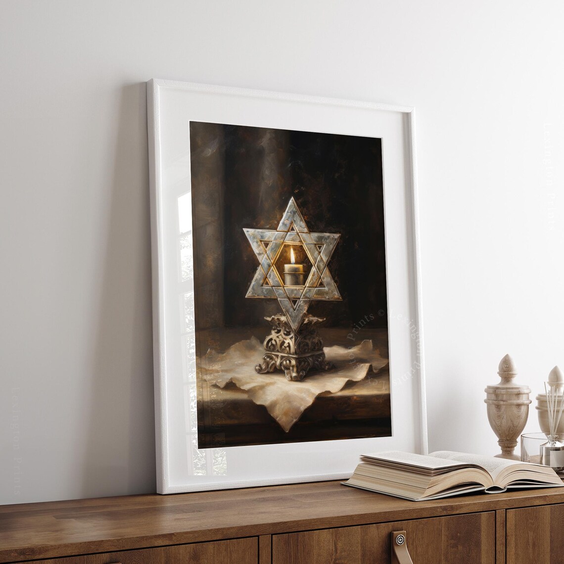 Star of David Candle Holder with Lit Candle Jewish Oil Painting Print - Image 8