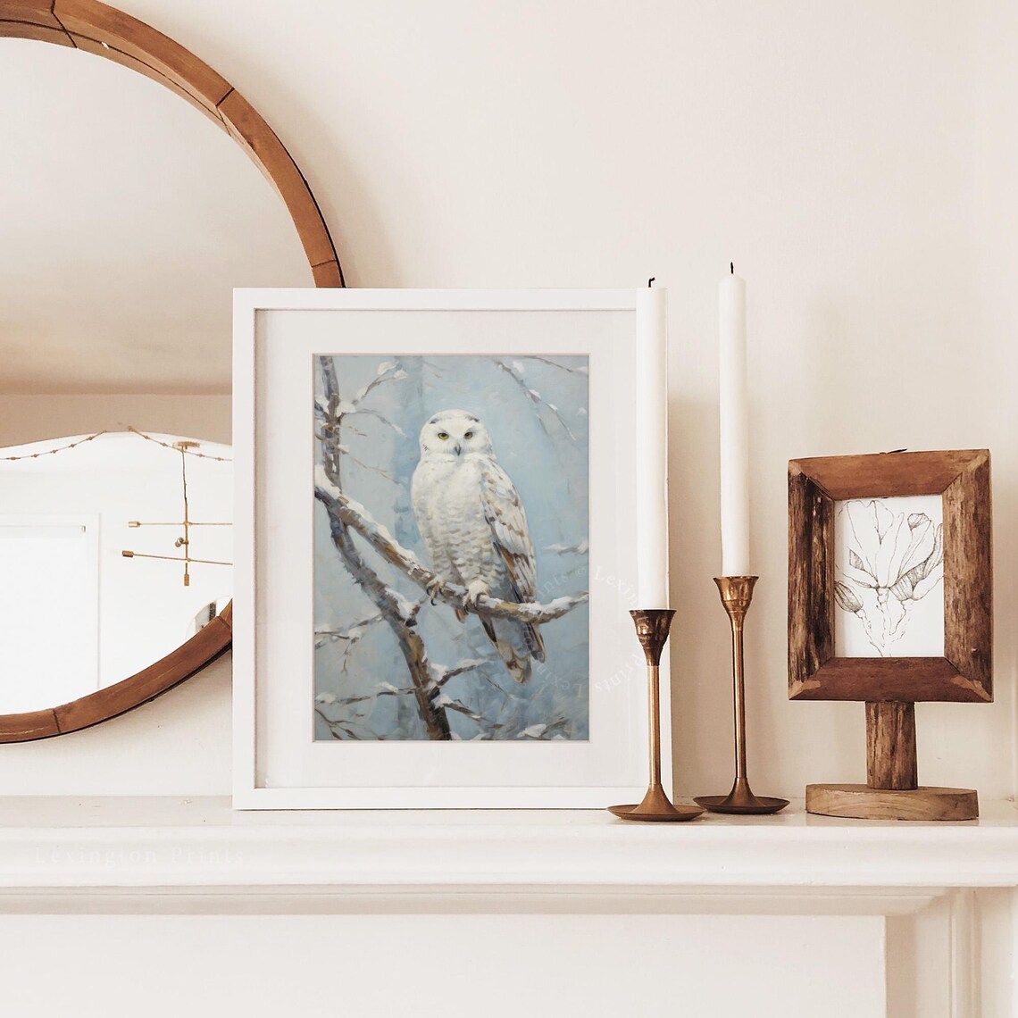 Snowy White Owl Perched on Branch Winter Wildlife Painting Poster - Image 3