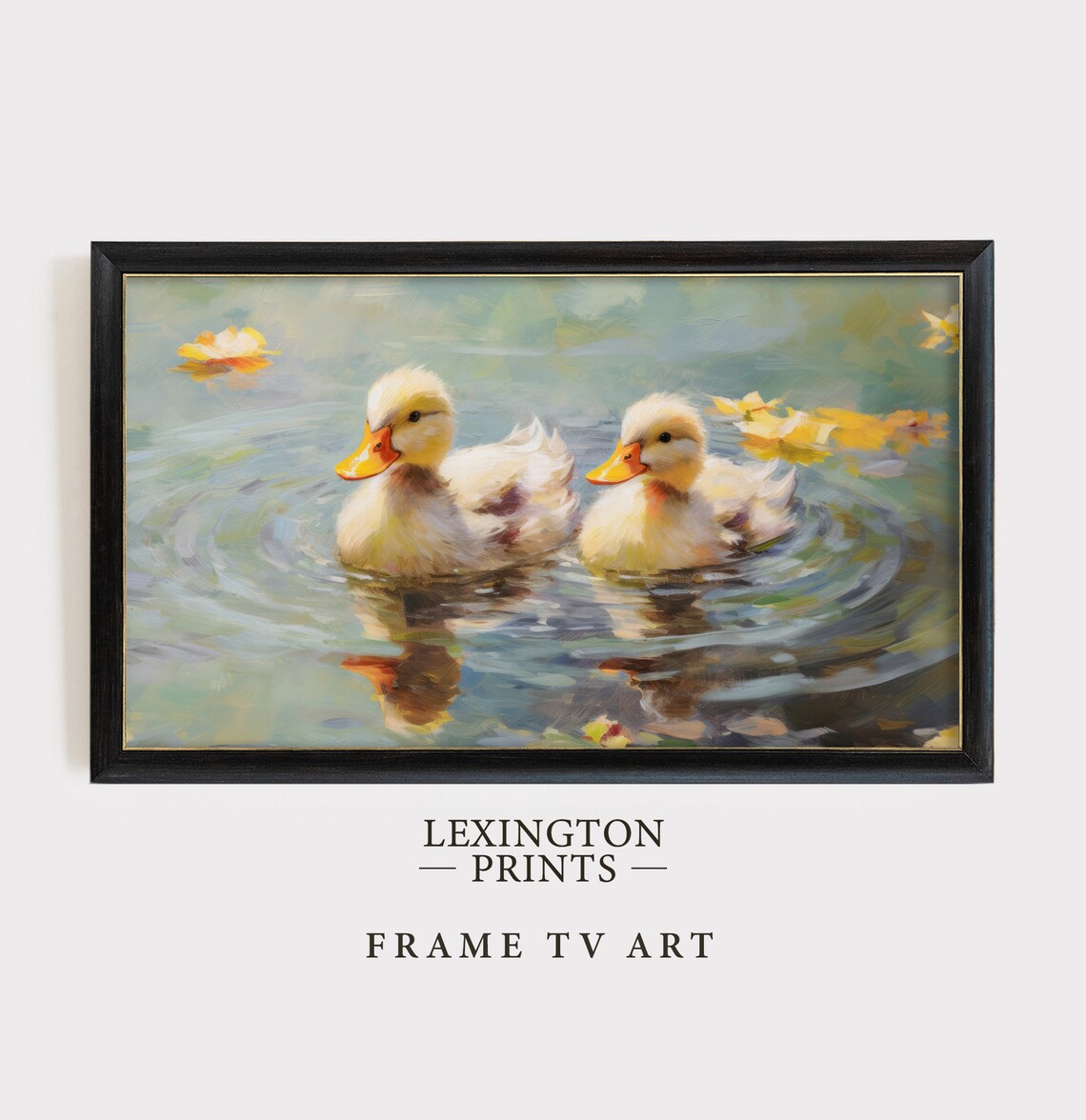Two Ducklings Swimming on an Autumn Pond with Golden Leaves Poster - Image 4